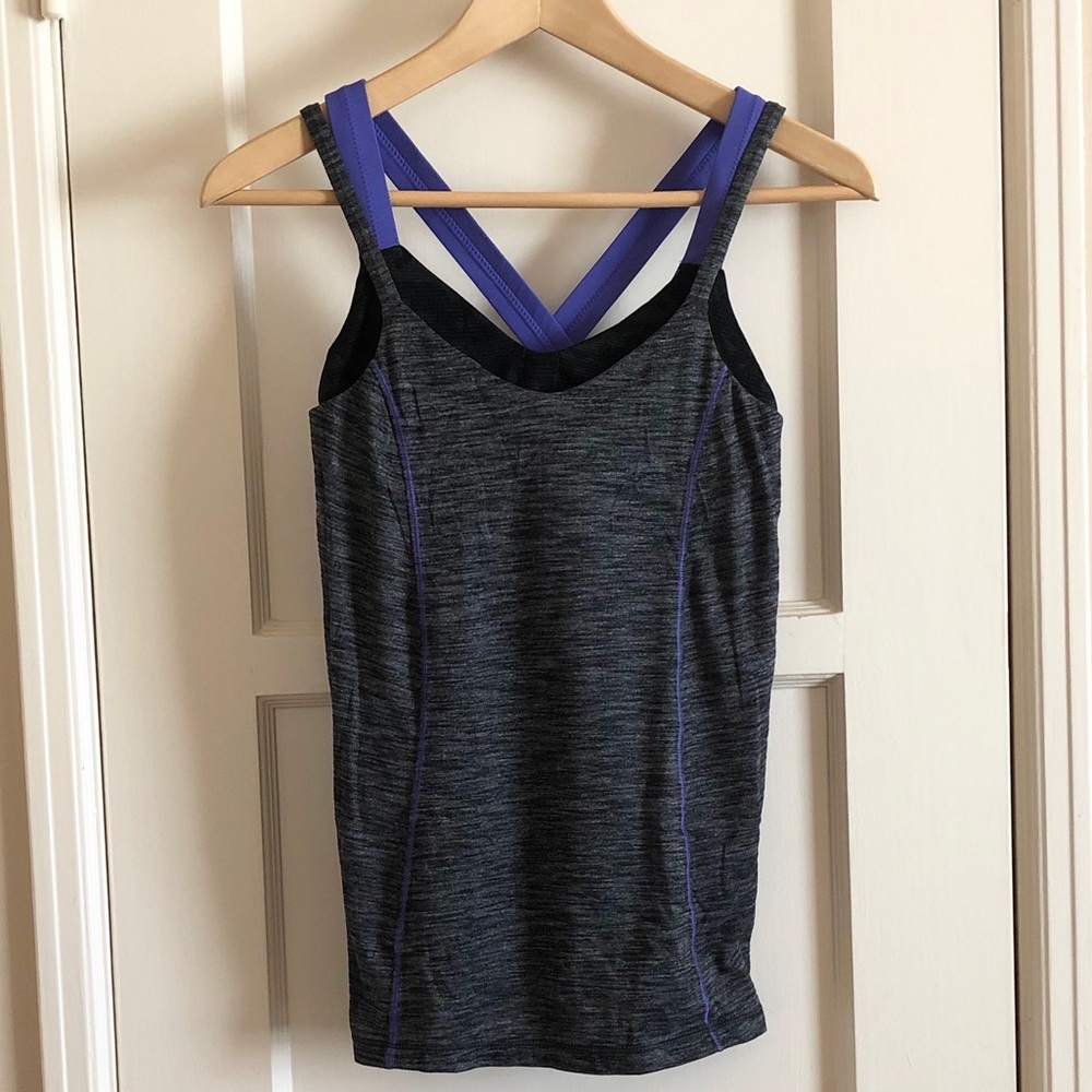 Lululemon Gray Camo Tank w/ built in purple bra, 4
